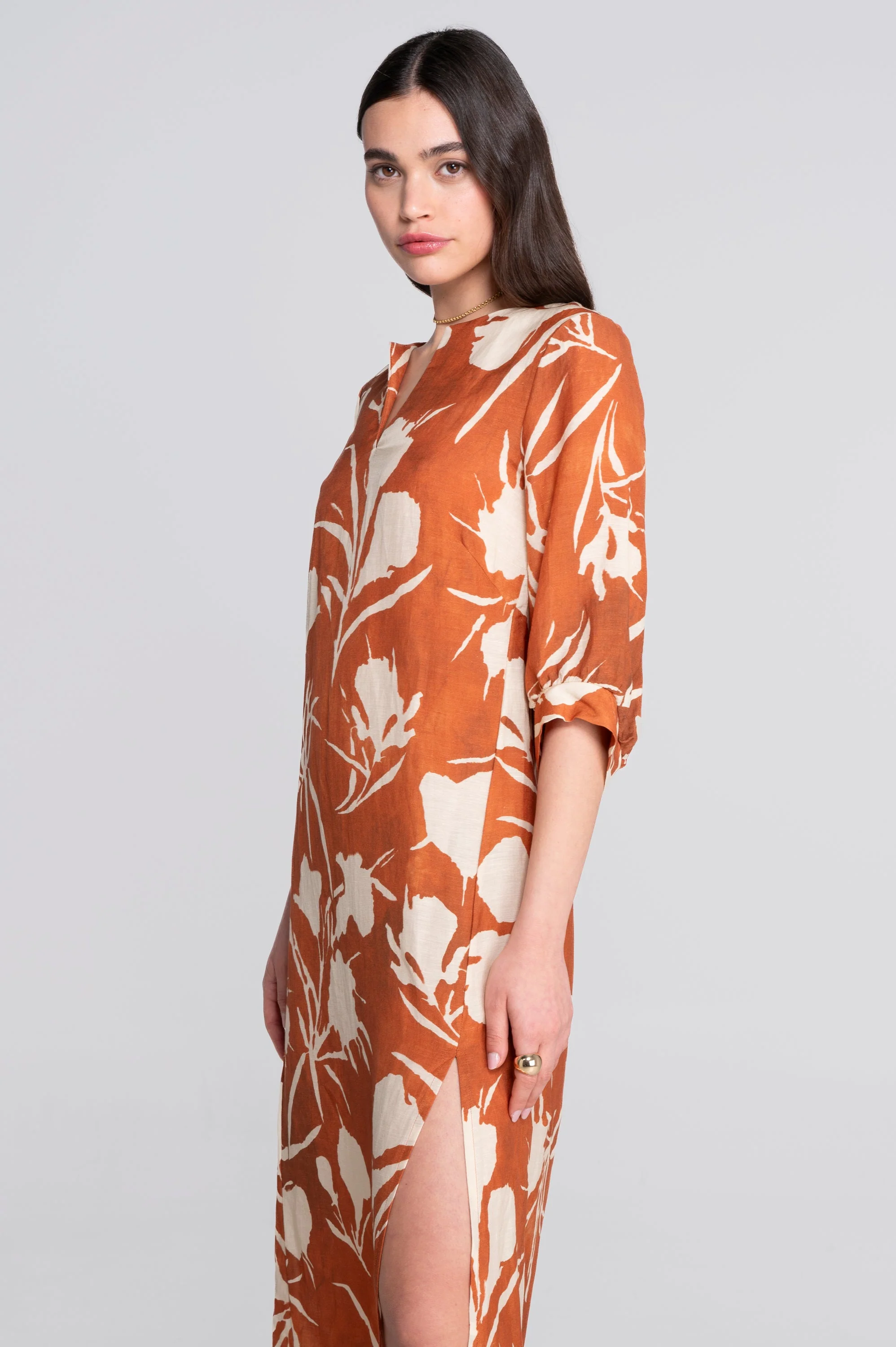 Kaftan-style printed linen-viscose dress 7555VL - Image 7