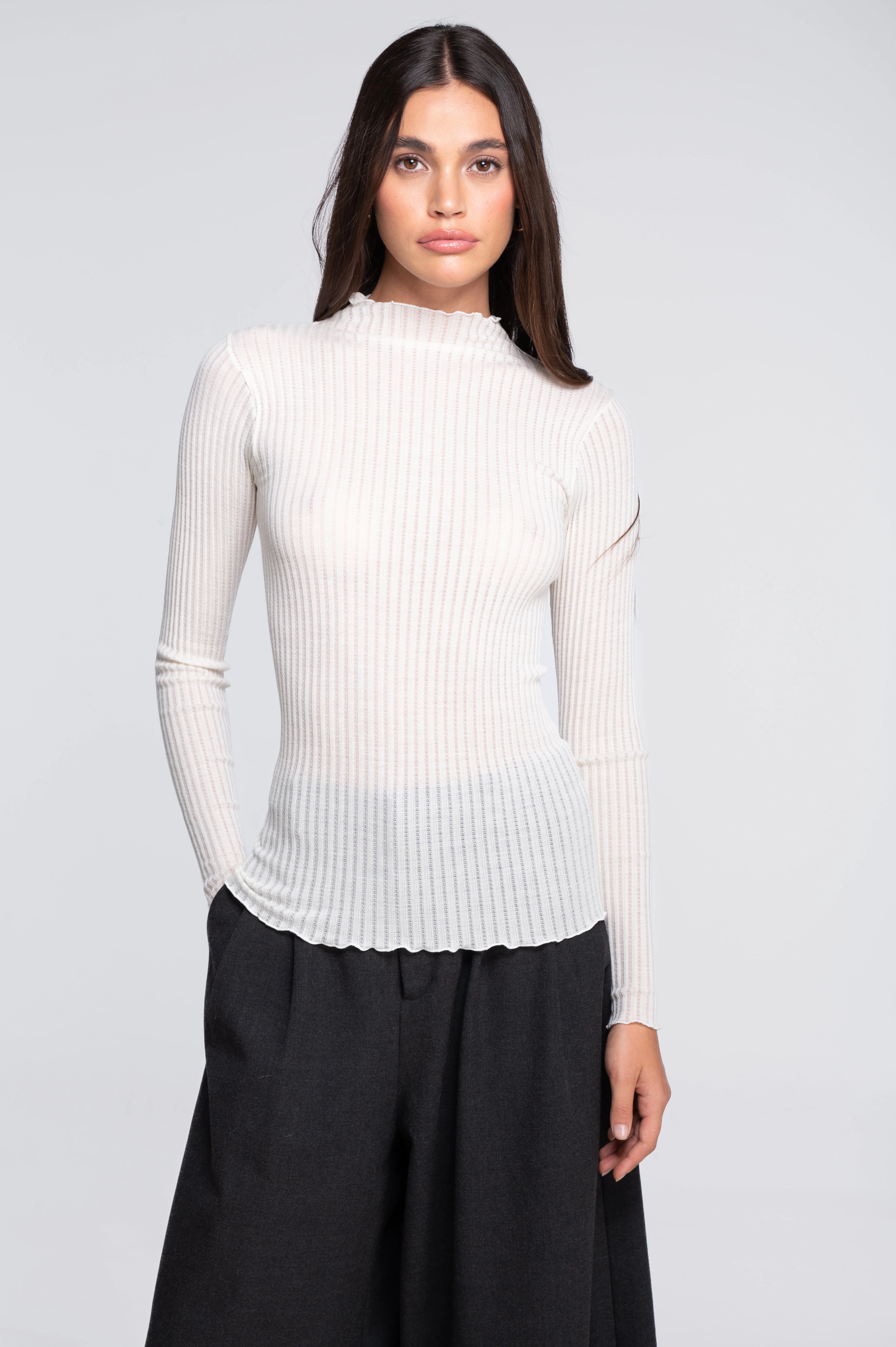 Long sleeves mock neck shirt in ajouré wool and silk 7494 - Image 13