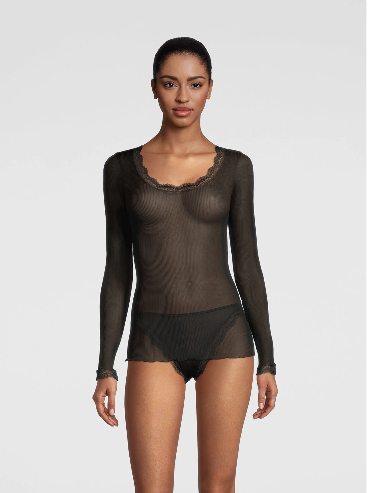 Long sleeve shirt in organzine silk with Leavers lace 9476 - Image 4