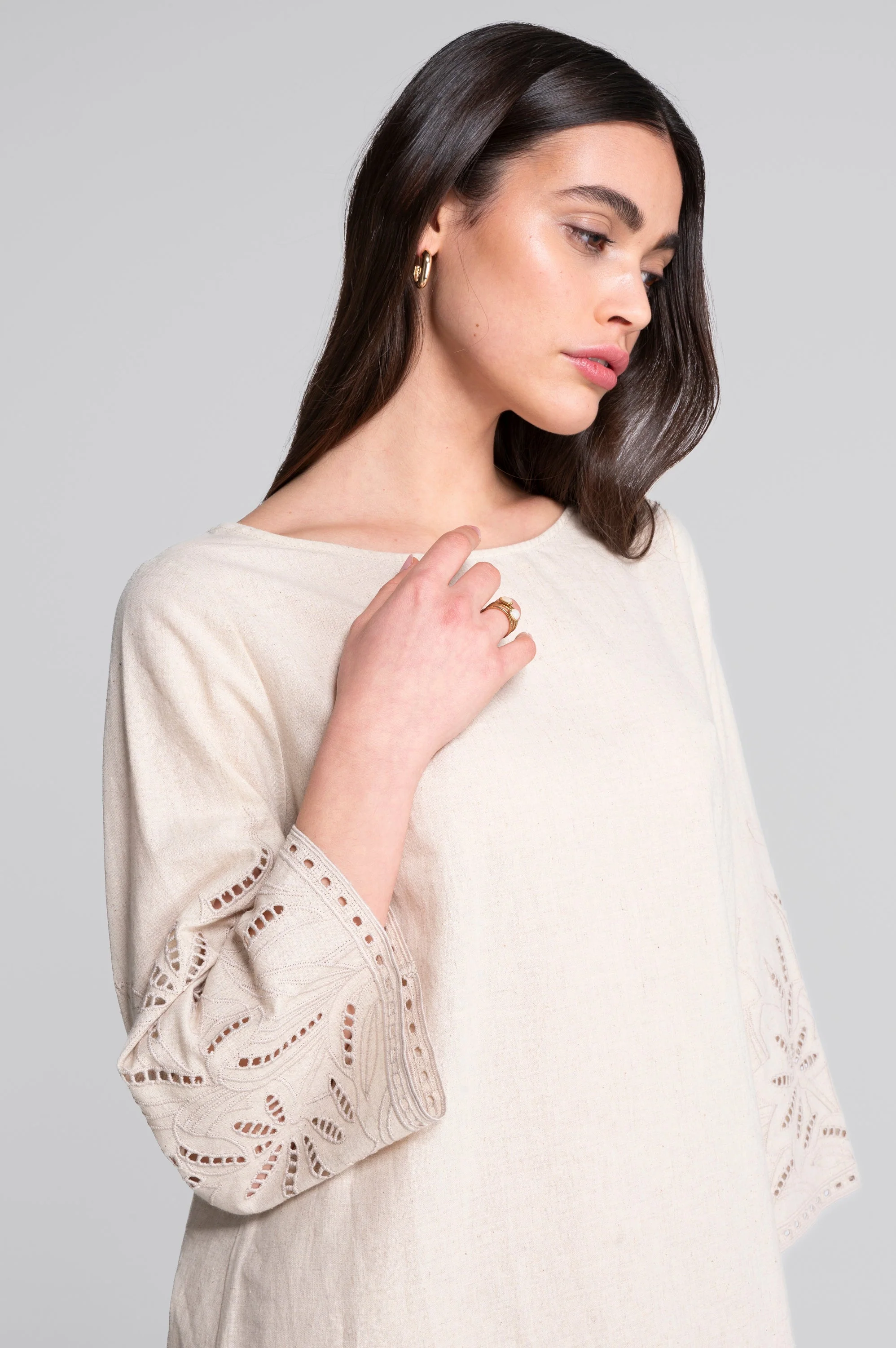Cotton-linen dress with foliage embroidery 7532 - Image 5