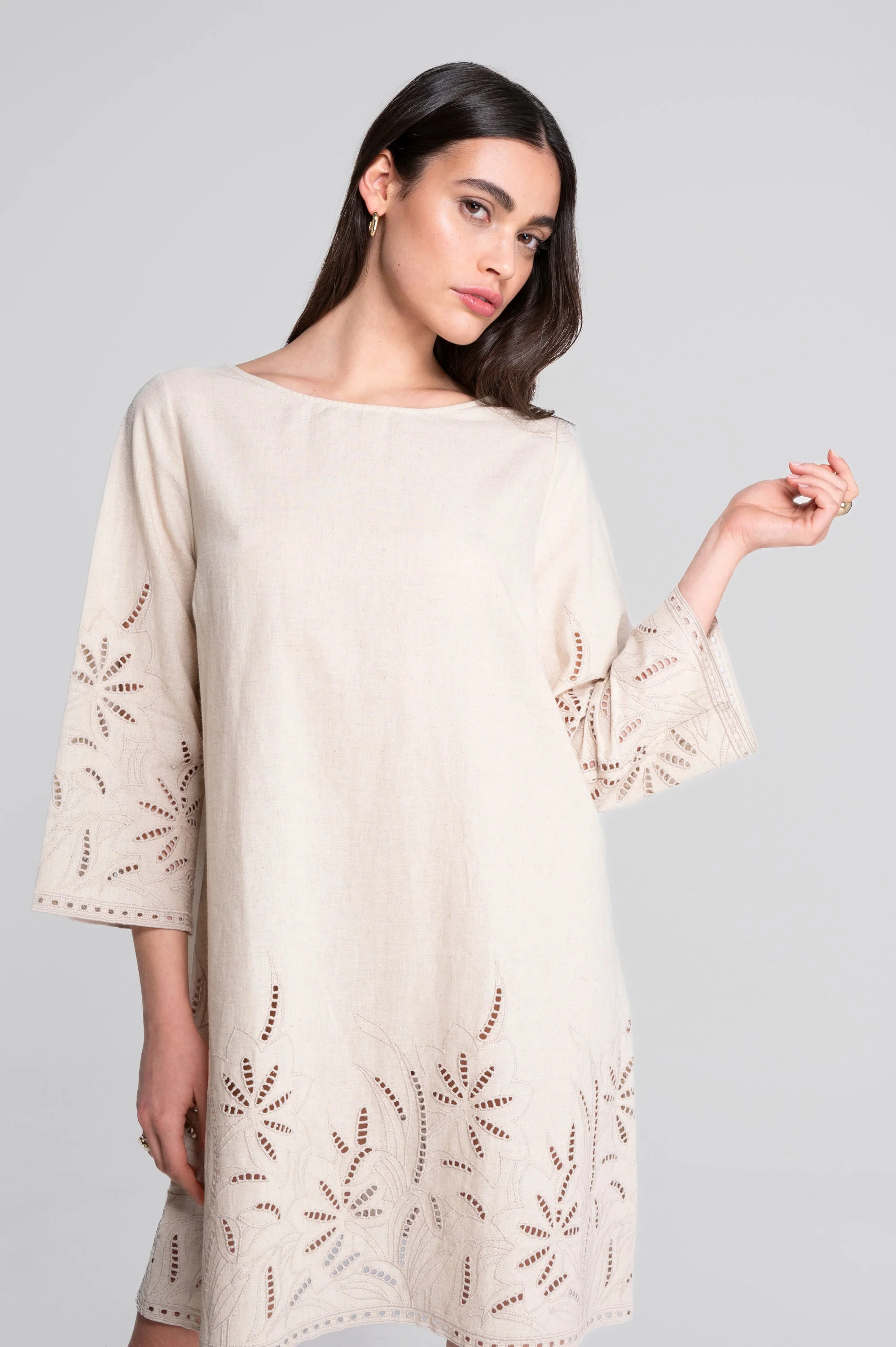Cotton-linen dress with foliage embroidery 7532 - Image 6