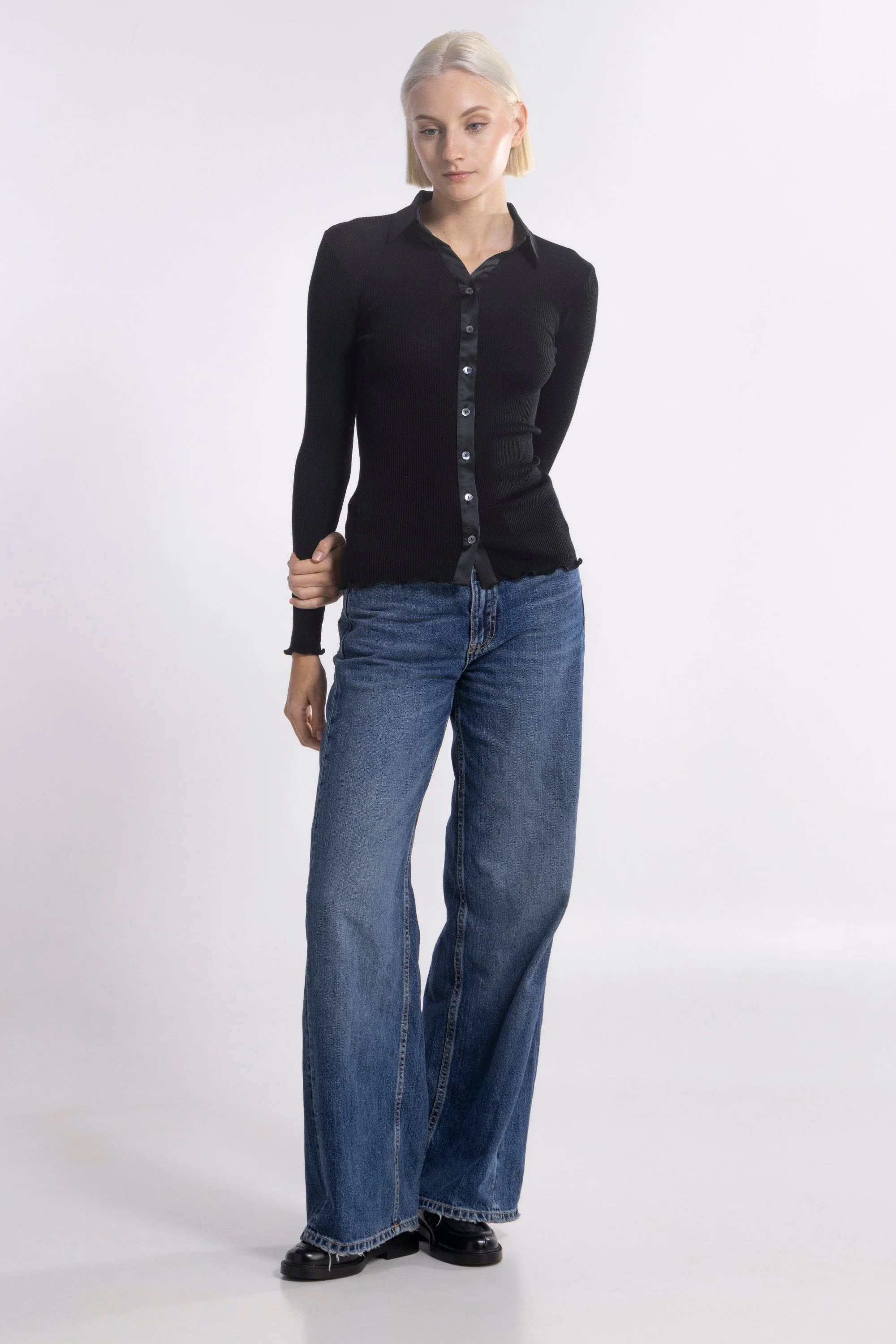 Wool and silk long sleeves shirt with satin opening 6350 - Image 16