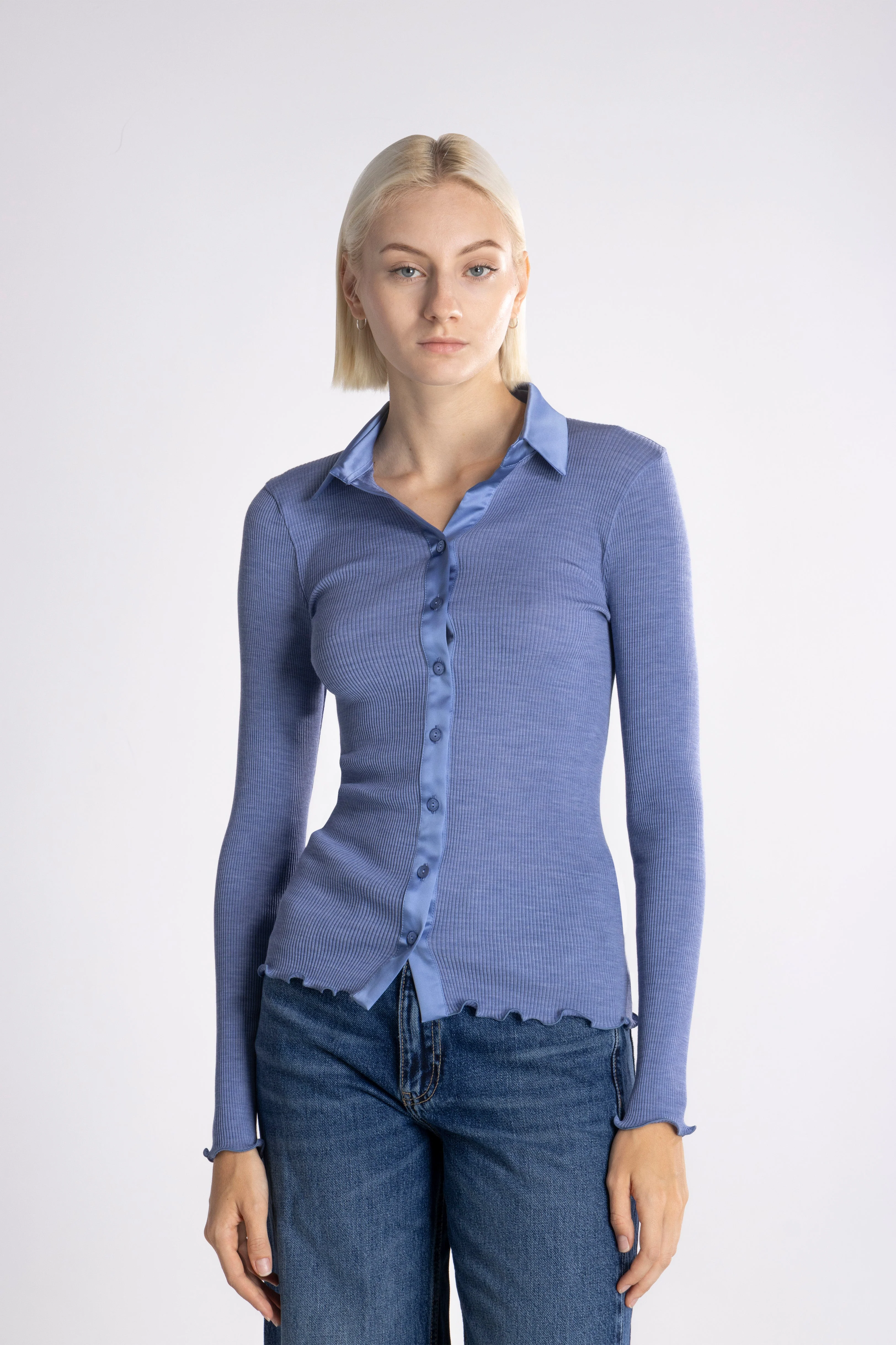 Wool and silk long sleeves shirt with satin opening 6350 - Image 22