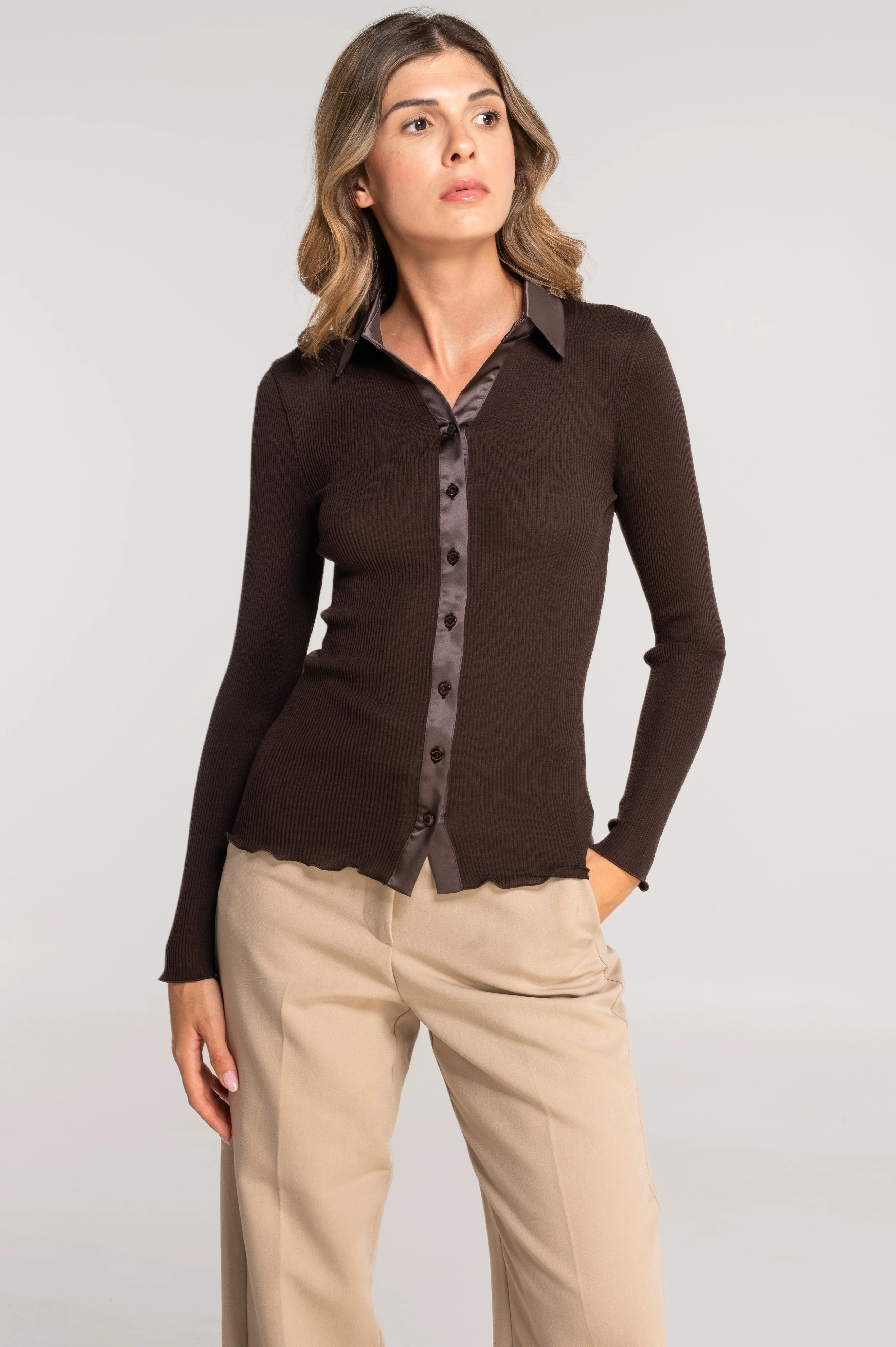 Wool and silk long sleeves shirt with satin opening 6350 - Image 28