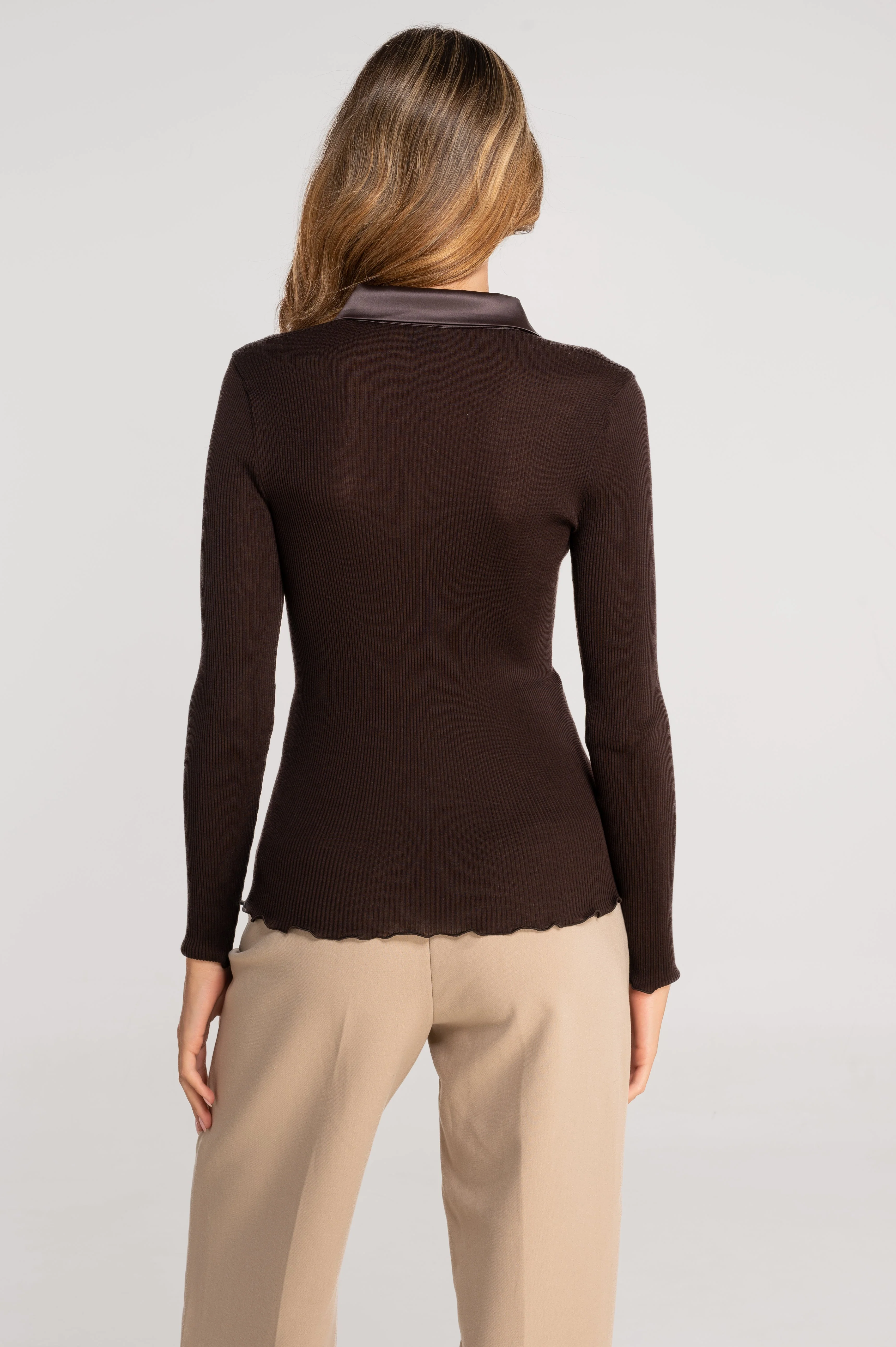 Wool and silk long sleeves shirt with satin opening 6350 - Image 29