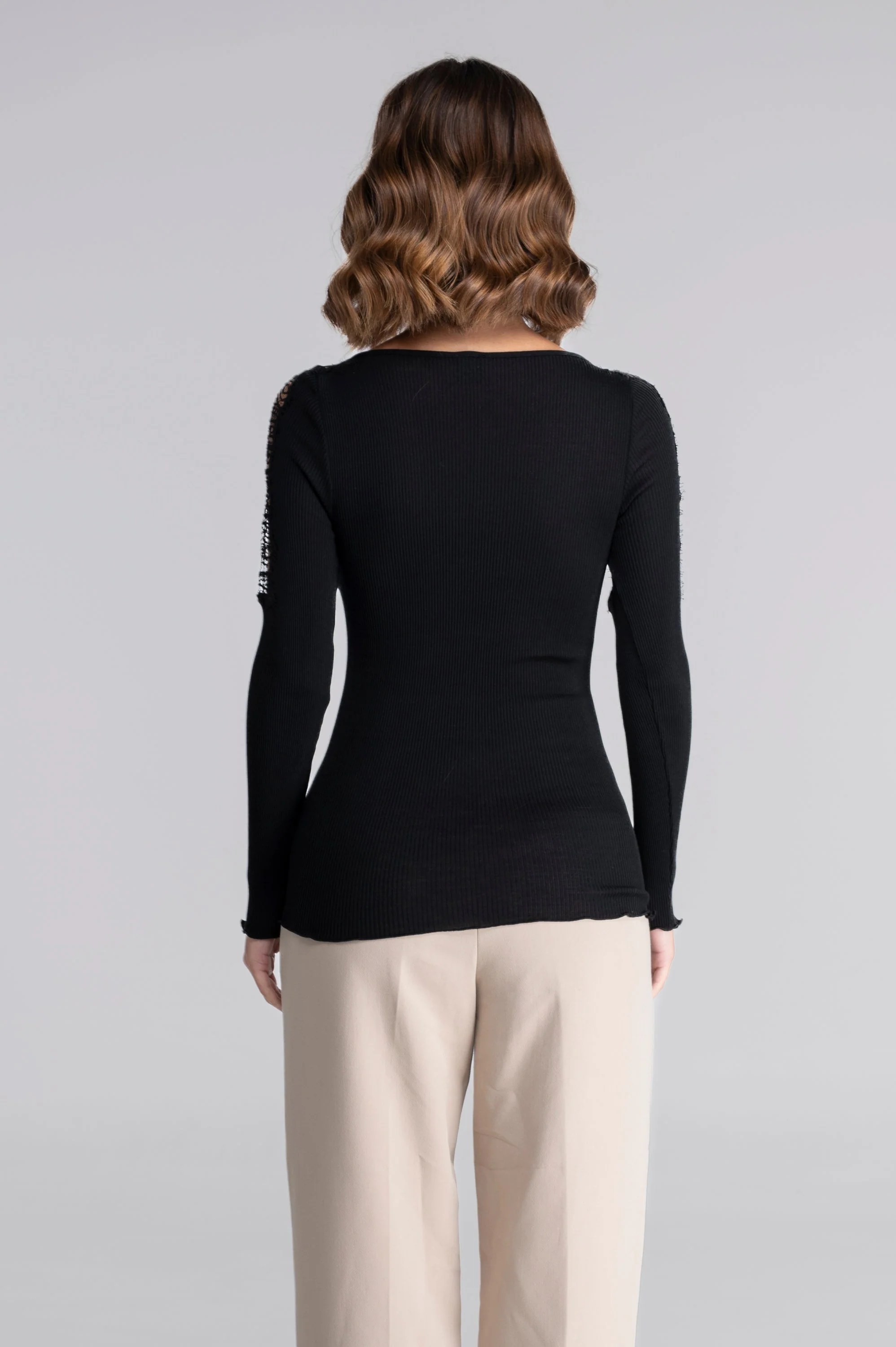 Wool and silk long sleeves shirt with chantilly lace 7415 - Image 3