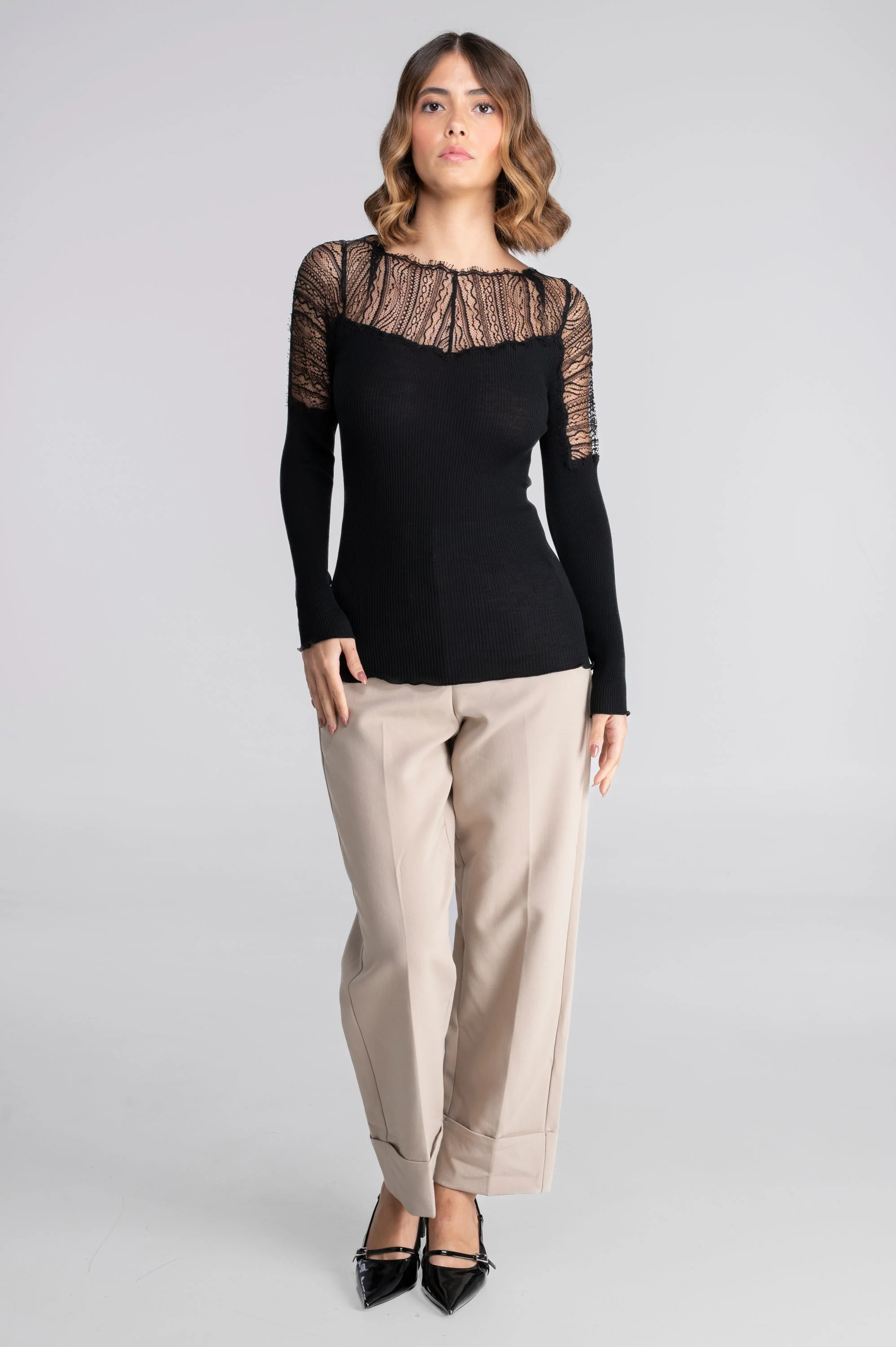 Wool and silk long sleeves shirt with chantilly lace 7415 - Image 5