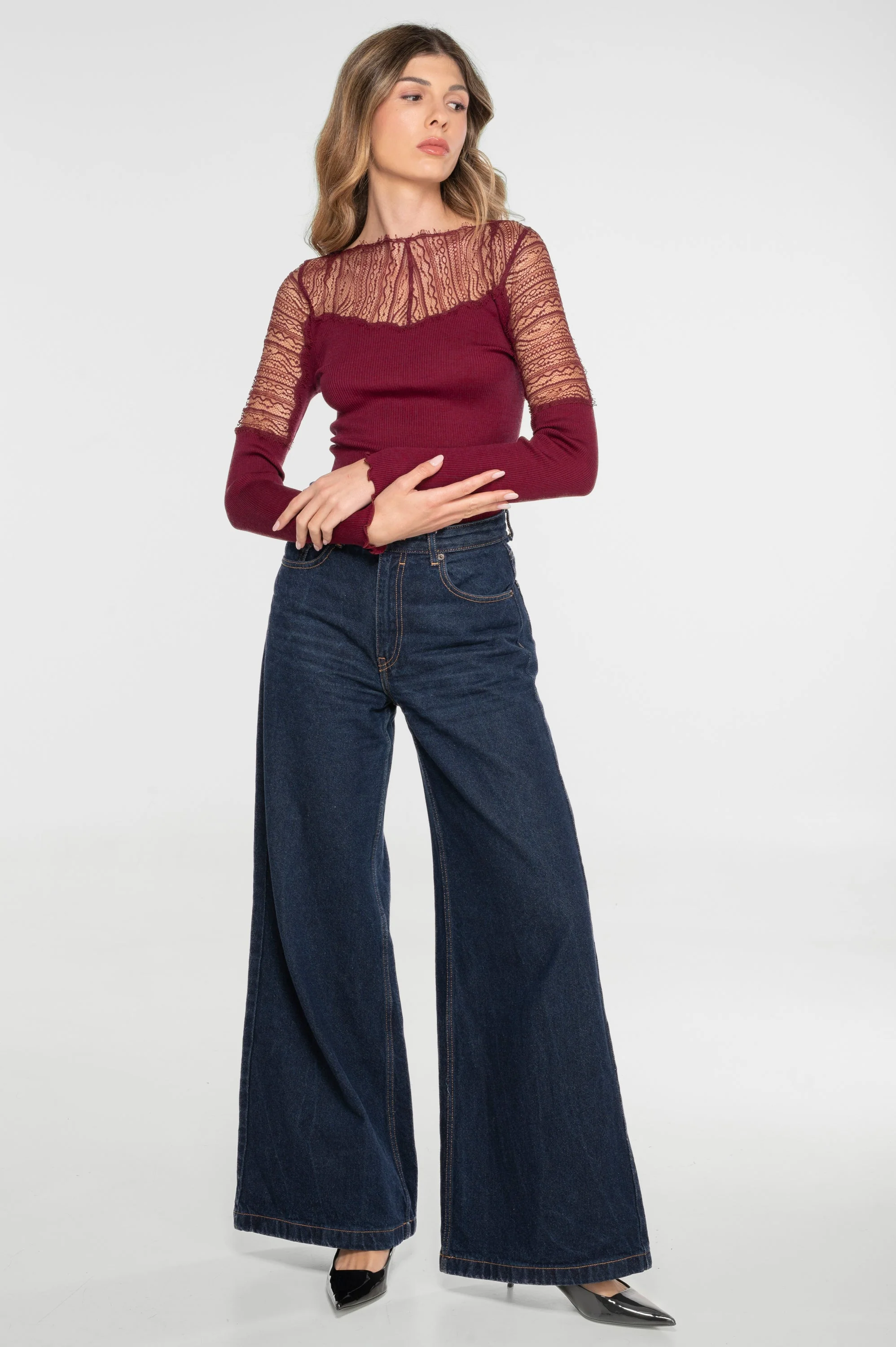 Wool and silk long sleeves shirt with chantilly lace 7415 - Image 9