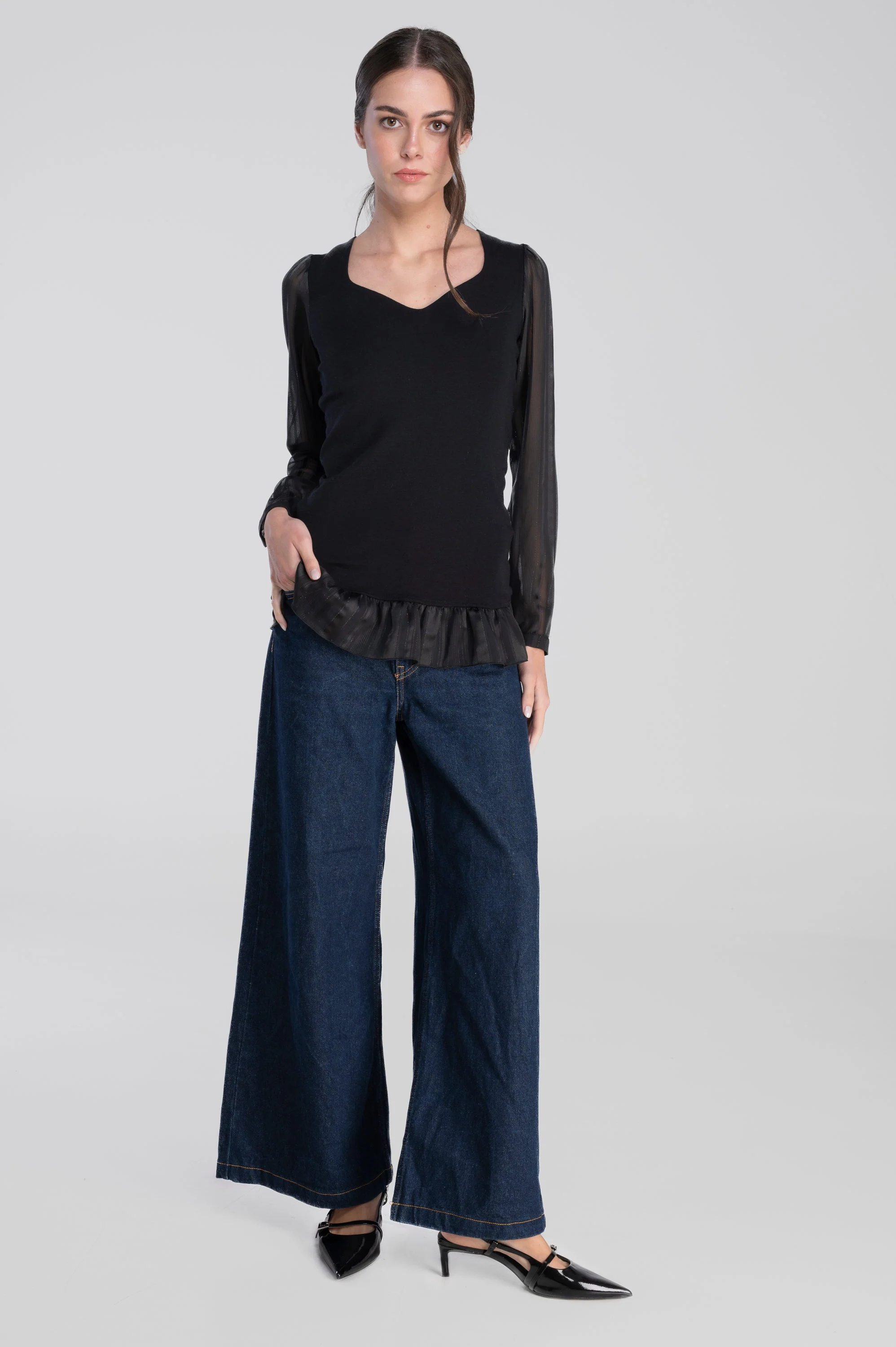 Wool and silk long sleeves shirt with chiffon 7447 - Image 5