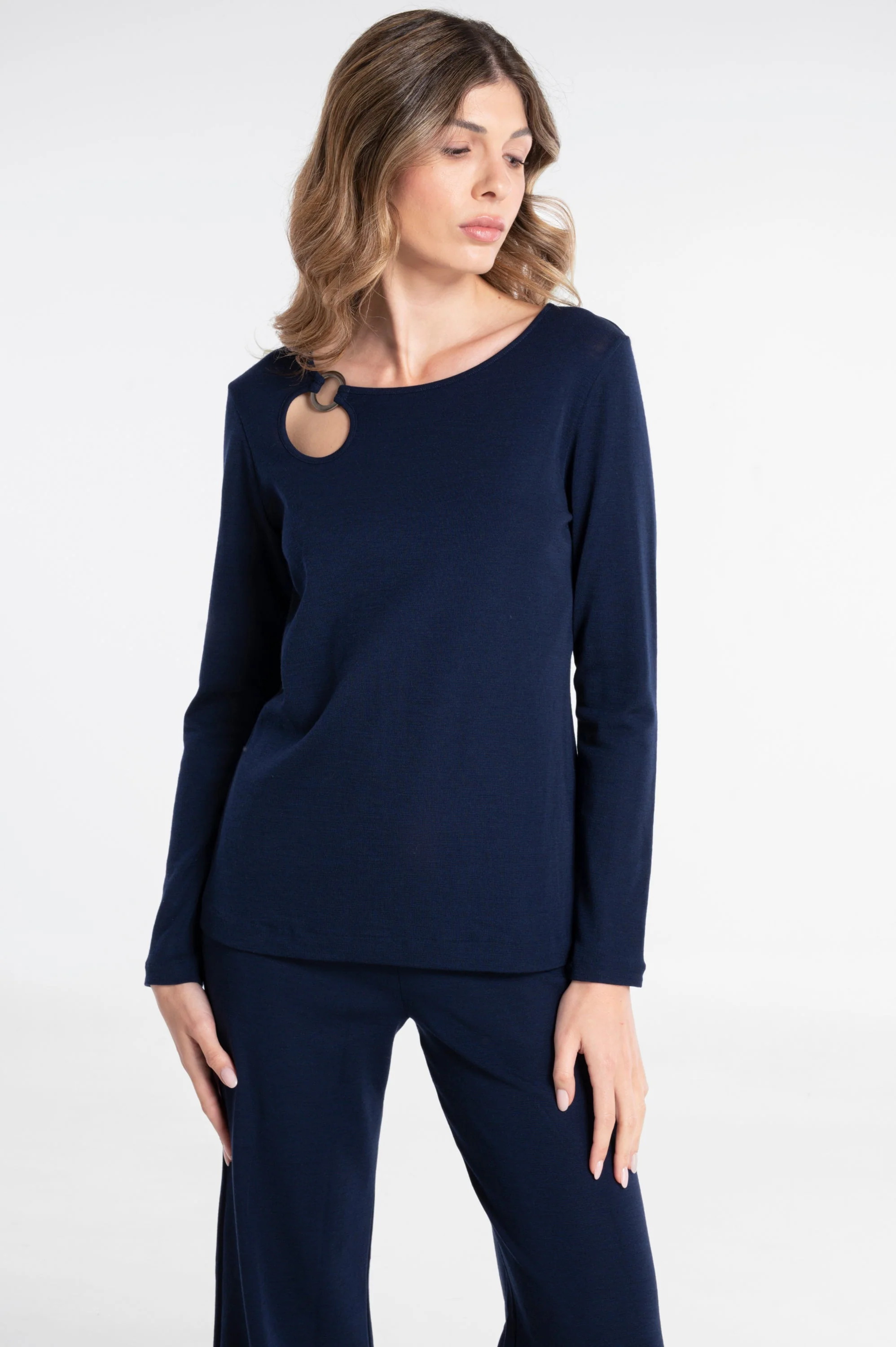 Wool and silk long sleeves round neck shirt with cut-outs 7472 - Image 5