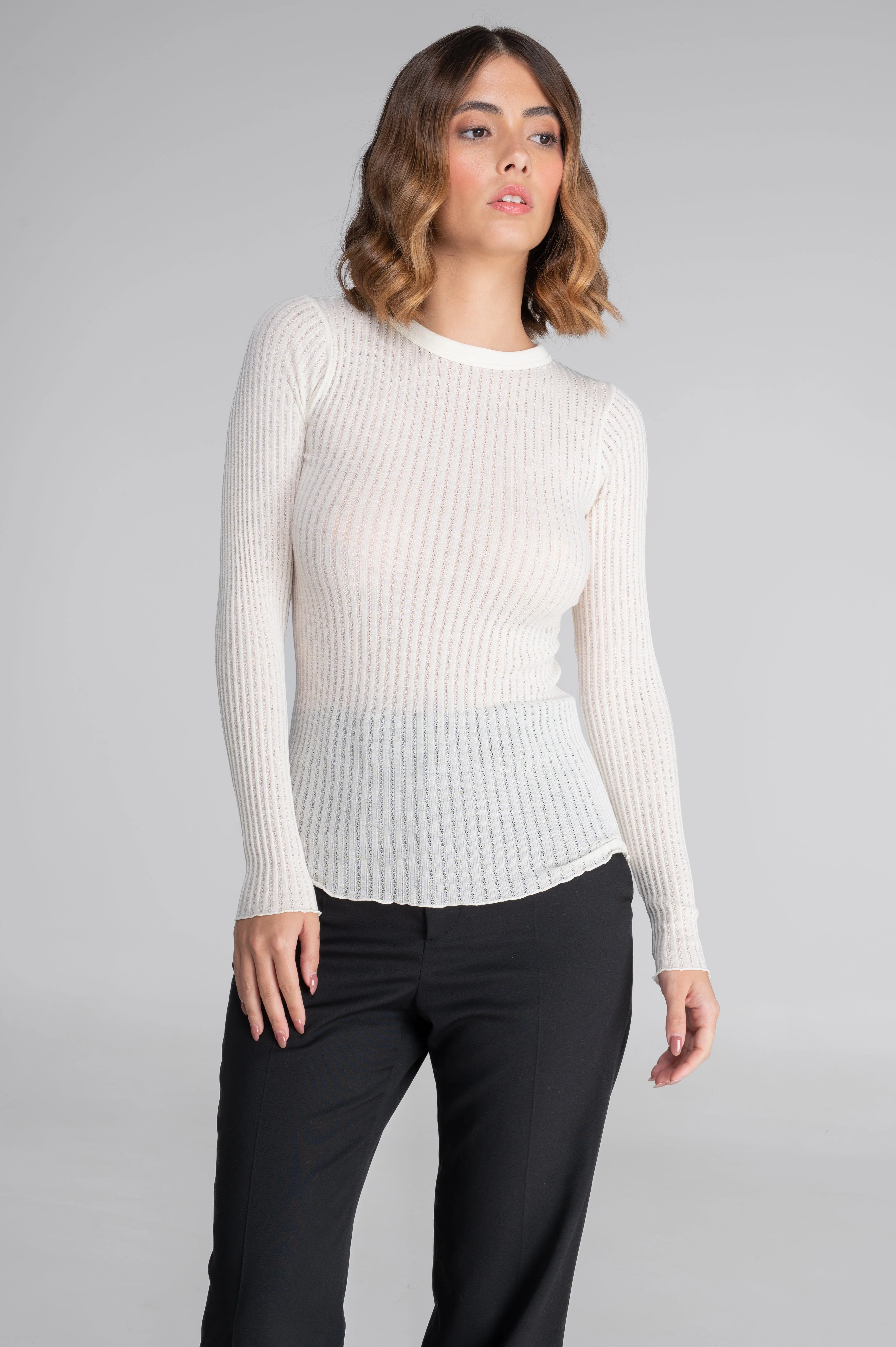 Long sleeves round neck shirt in ajouré wool and silk 7496 - Image 24