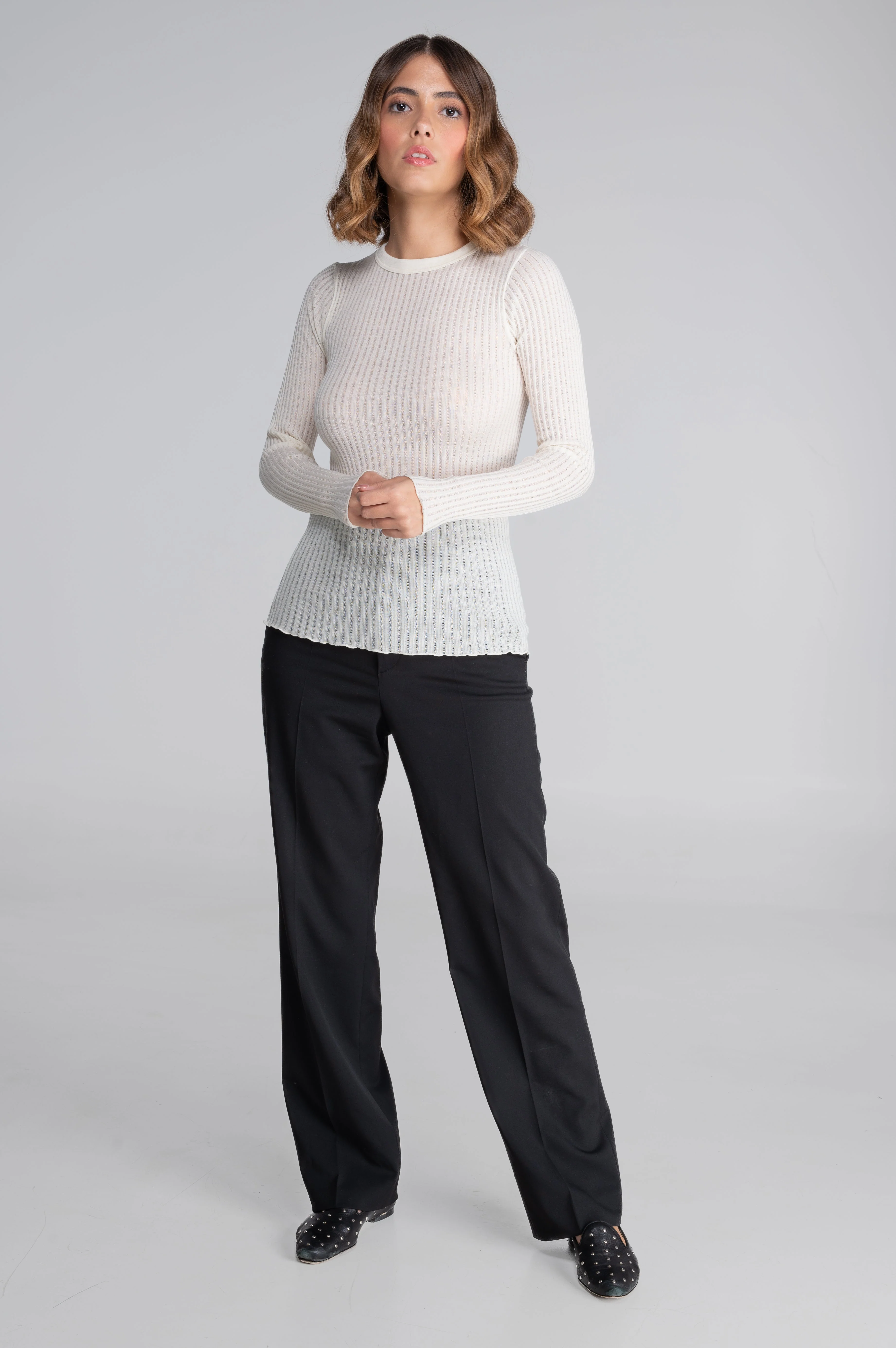 Long sleeves round neck shirt in ajouré wool and silk 7496 - Image 27