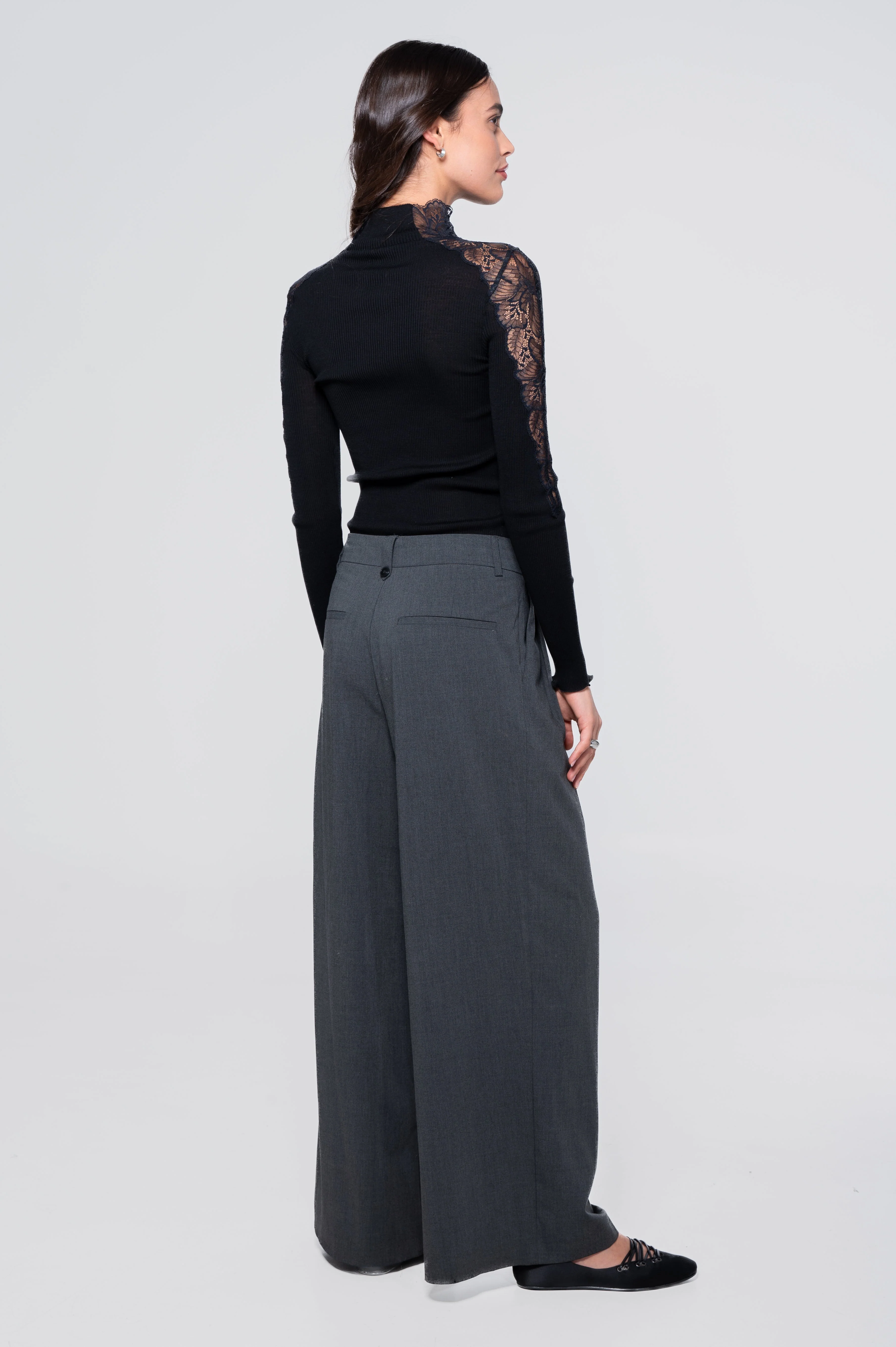 Wool and silk long sleeves mock neck shirt with Leavers lace insert 7613 - Image 11
