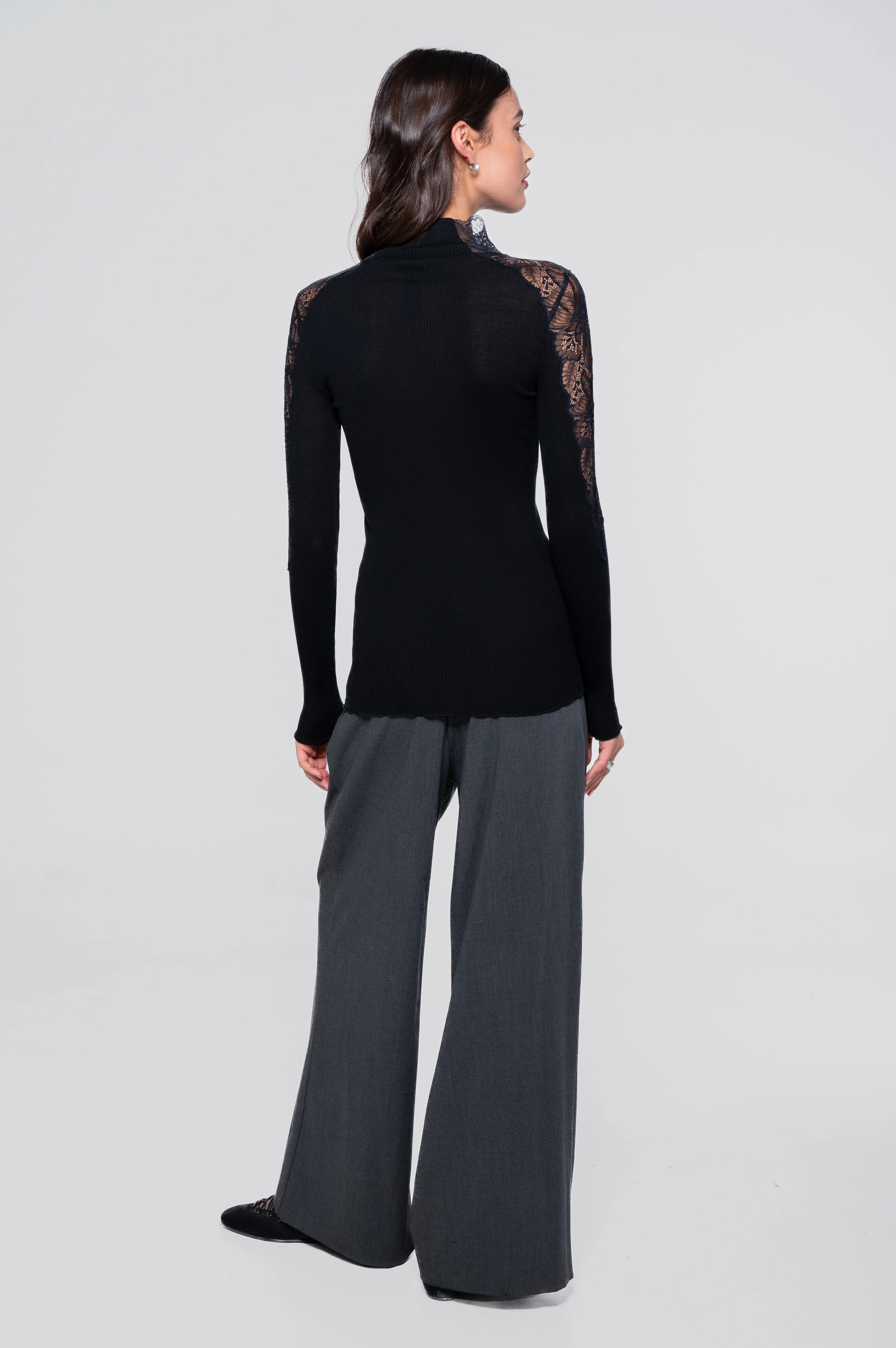 Wool and silk long sleeves mock neck shirt with Leavers lace insert 7613 - Image 12