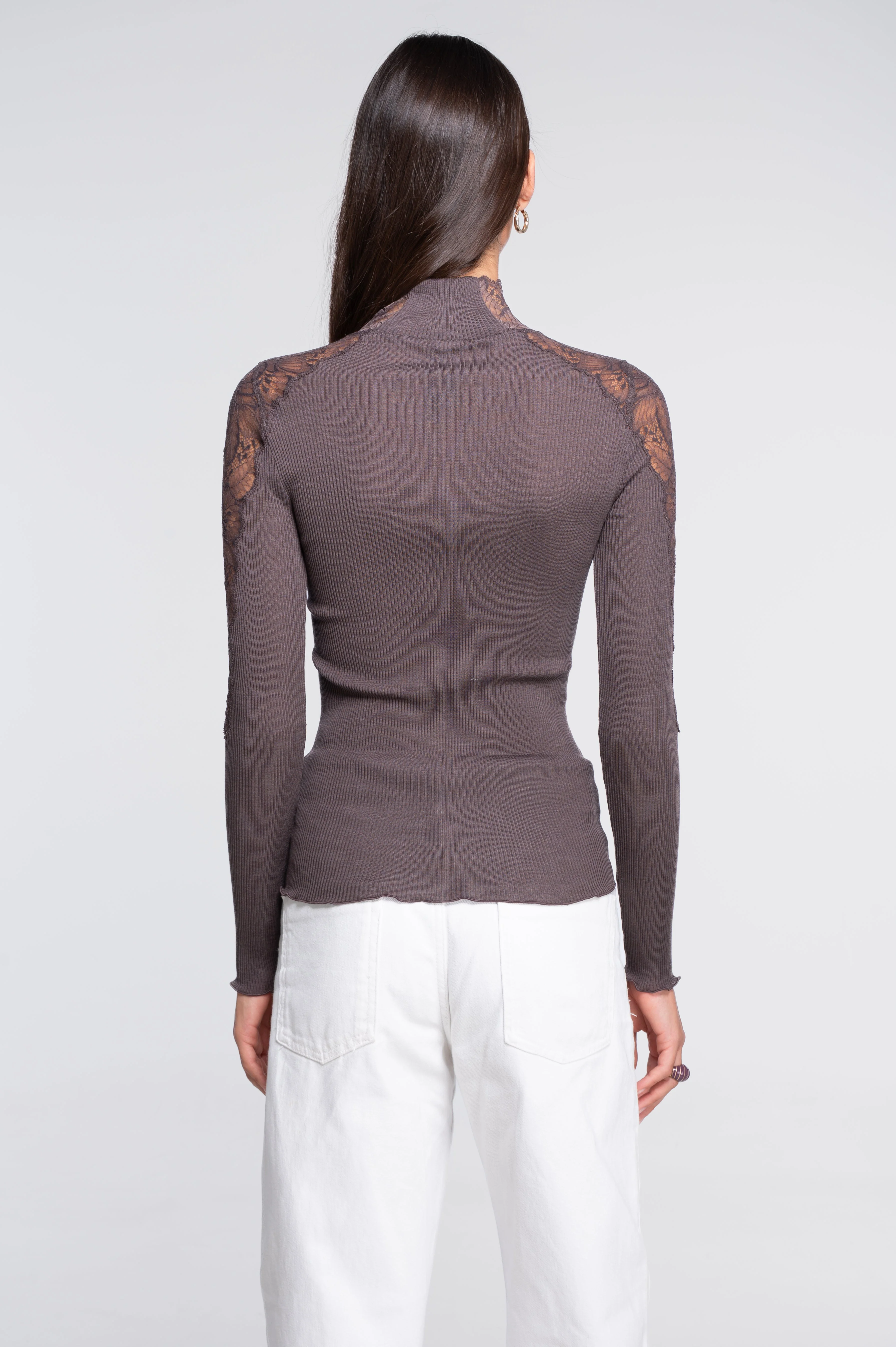 Wool and silk long sleeves mock neck shirt with Leavers lace insert 7613 - Image 6