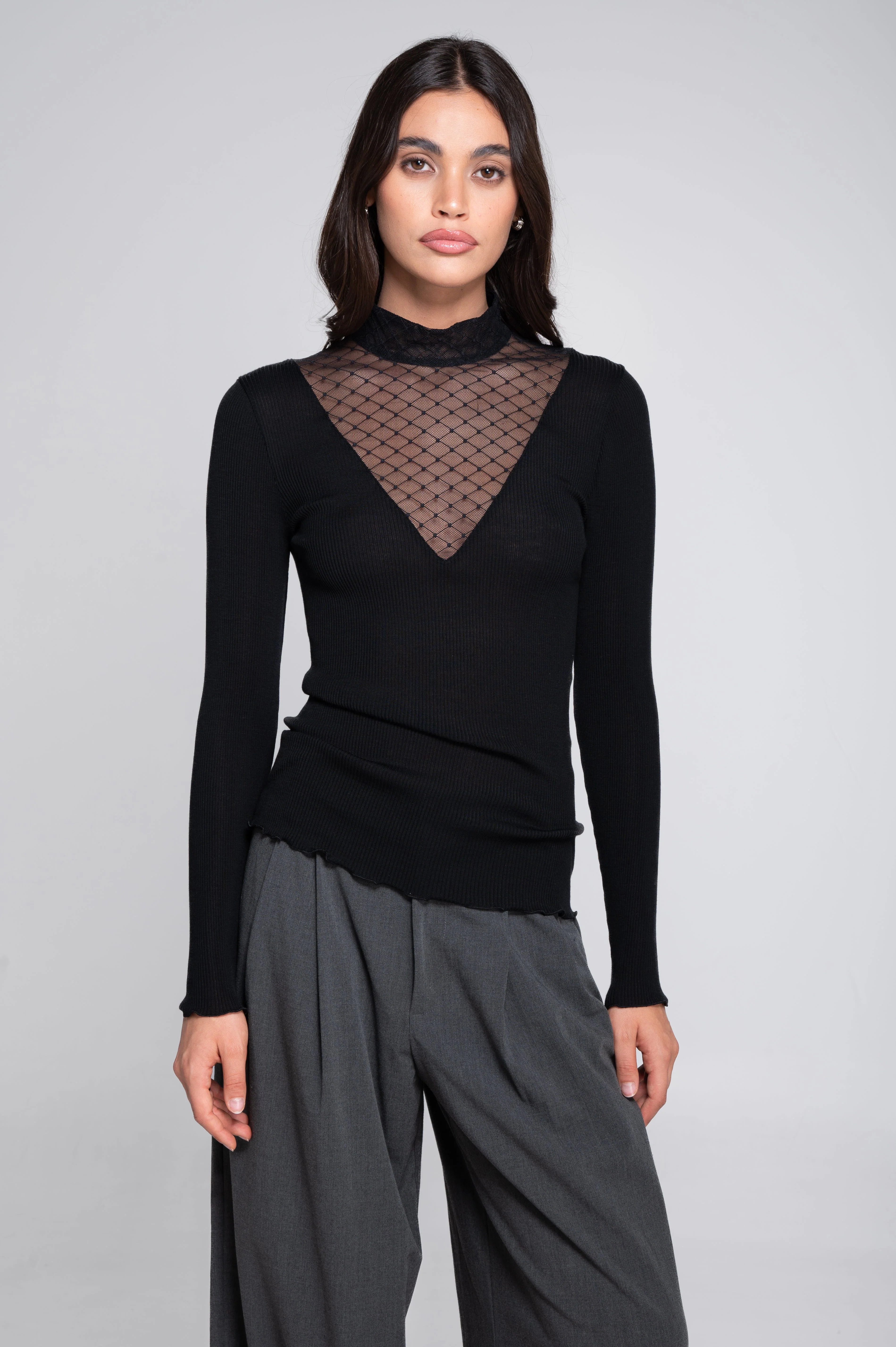 Wool and silk long sleeves mock neck shirt with diamond jacquard laize 7620 - Image 11