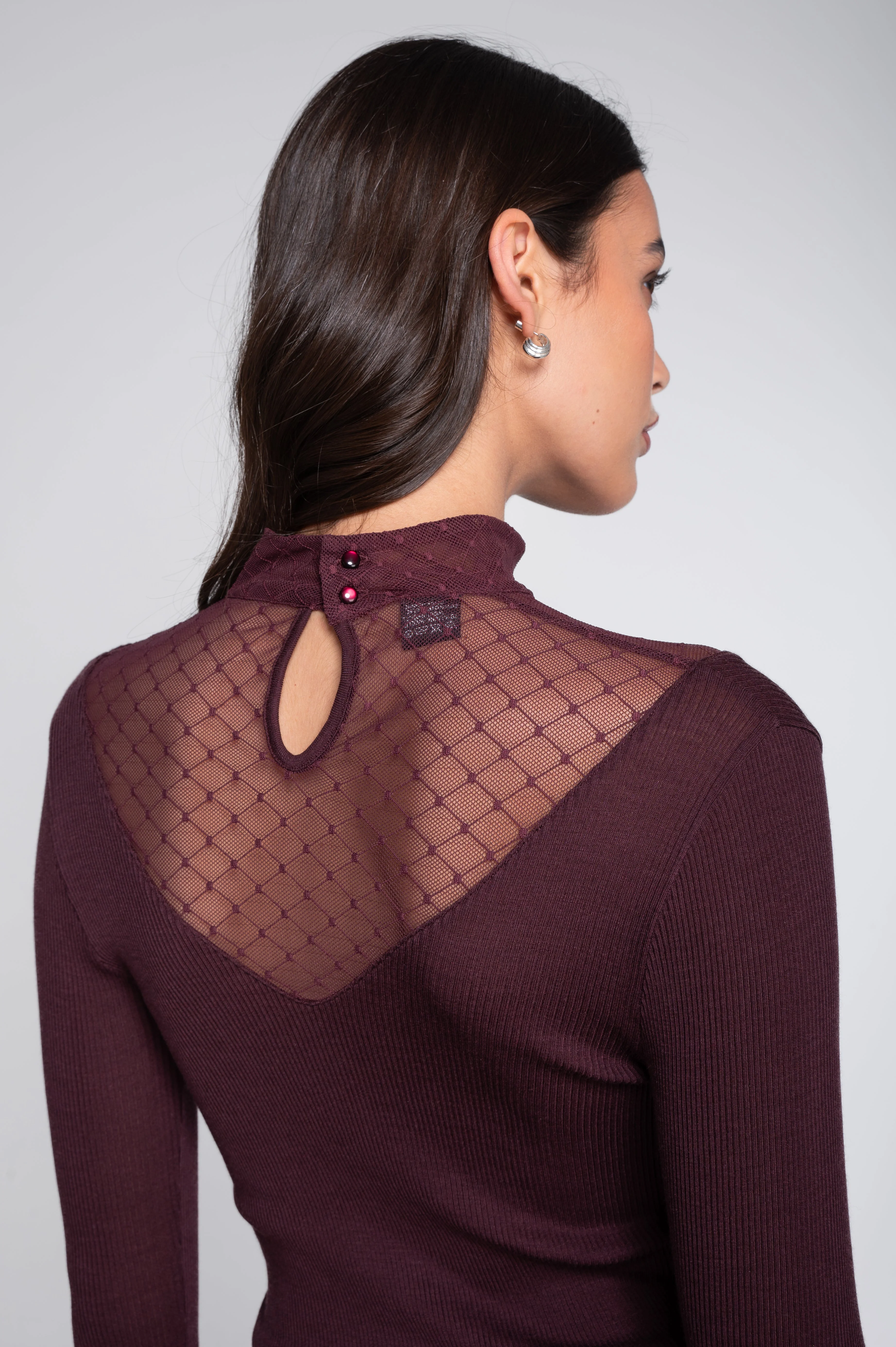 Wool and silk long sleeves mock neck shirt with diamond jacquard laize 7620 - Image 3