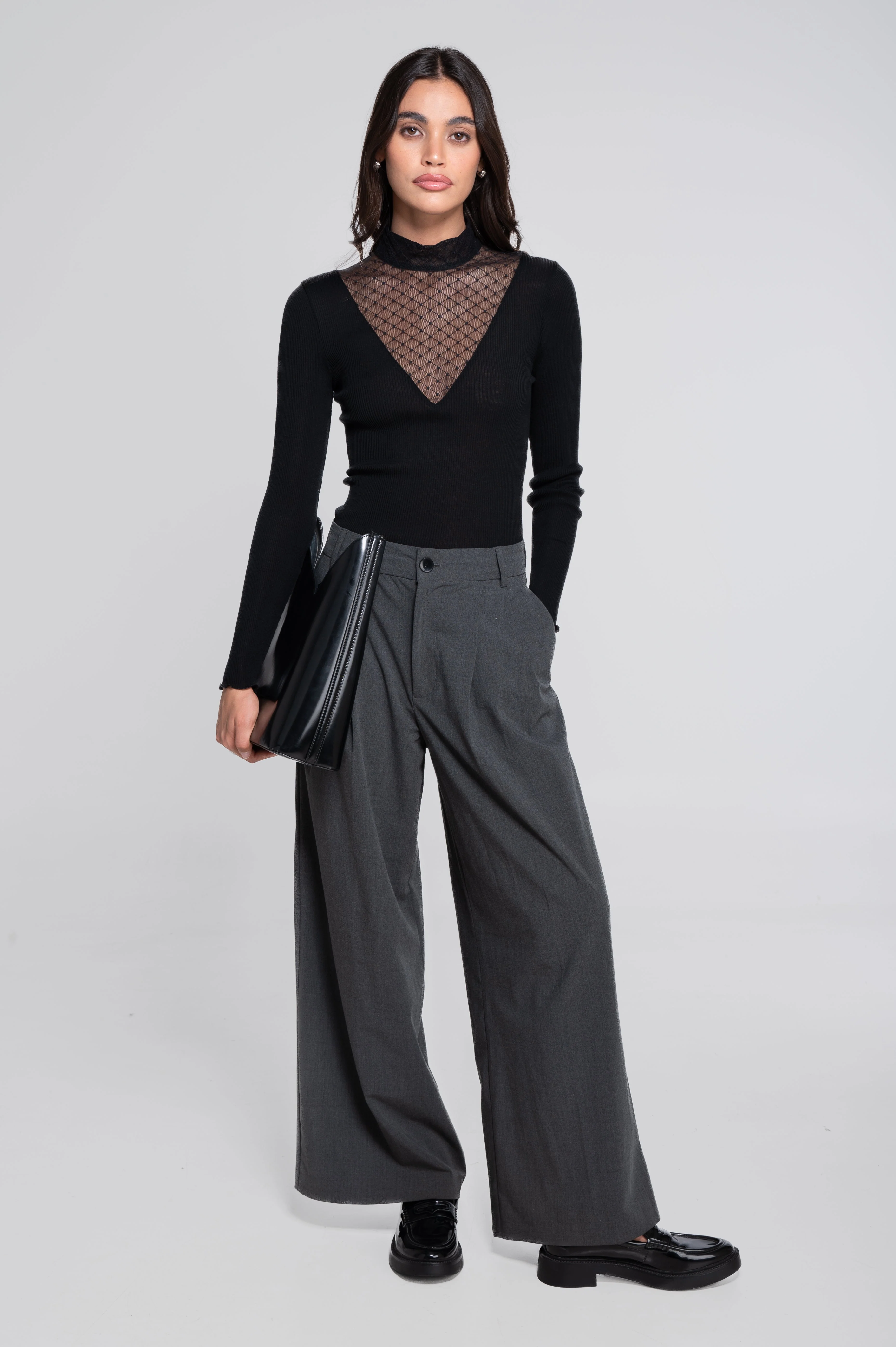 Wool and silk long sleeves mock neck shirt with diamond jacquard laize 7620 - Image 8