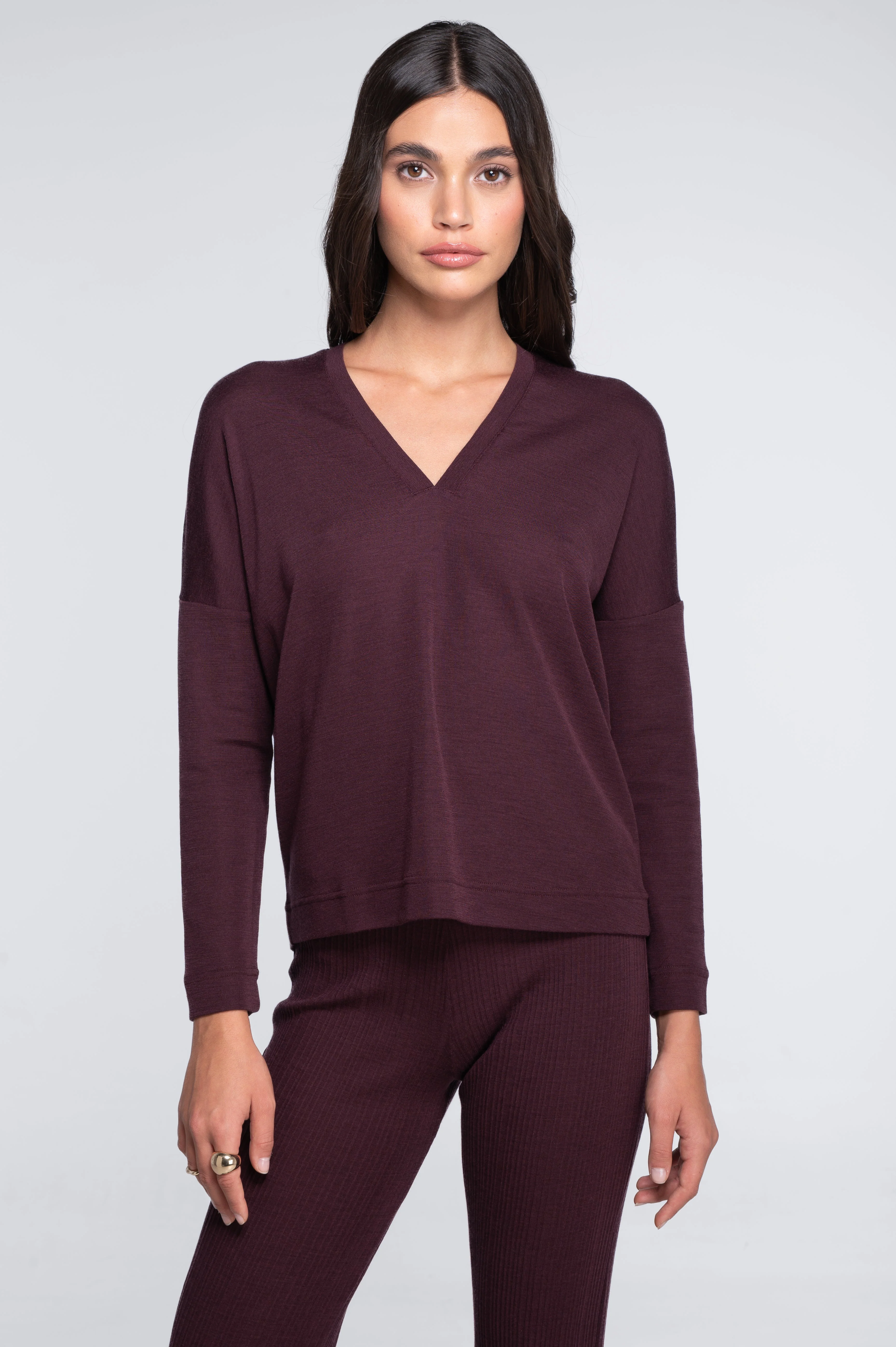 Wool and silk long sleeves V neck shirt 7636 - Image 11