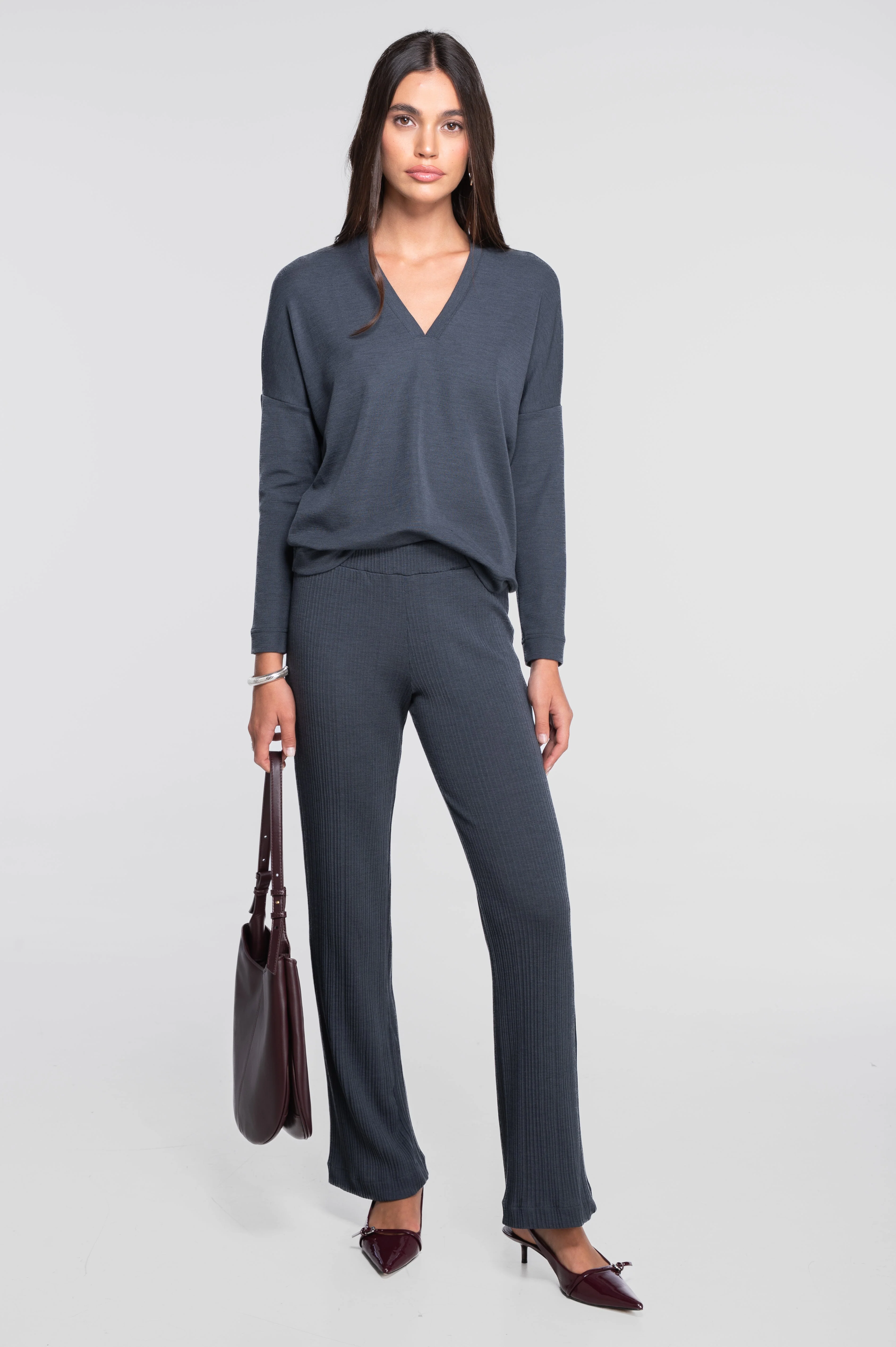 Wool and silk long sleeves V neck shirt 7636 - Image 22