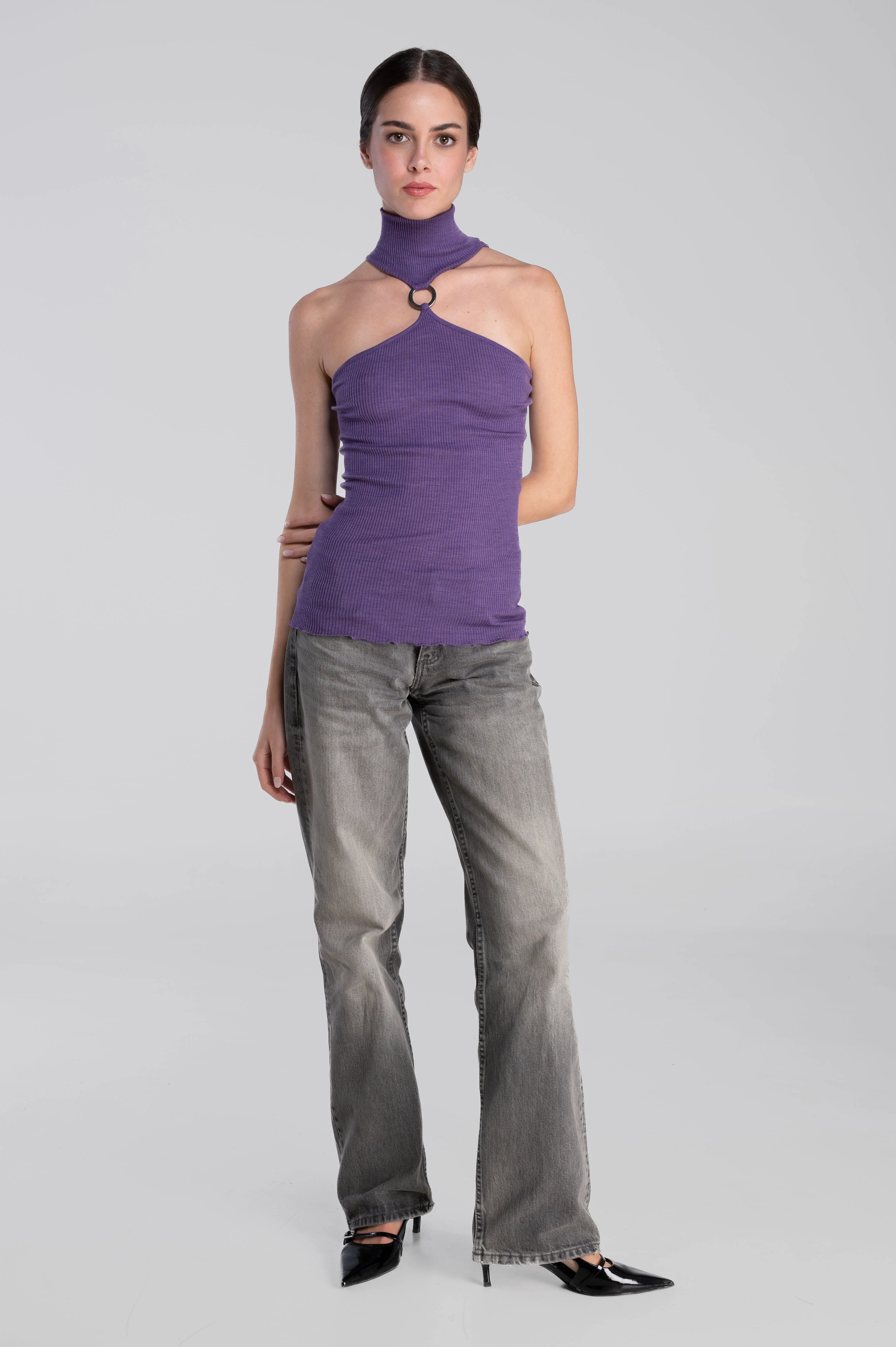 Wool and silk sleeveless mock neck top with cut-outs 7470 - Image 10