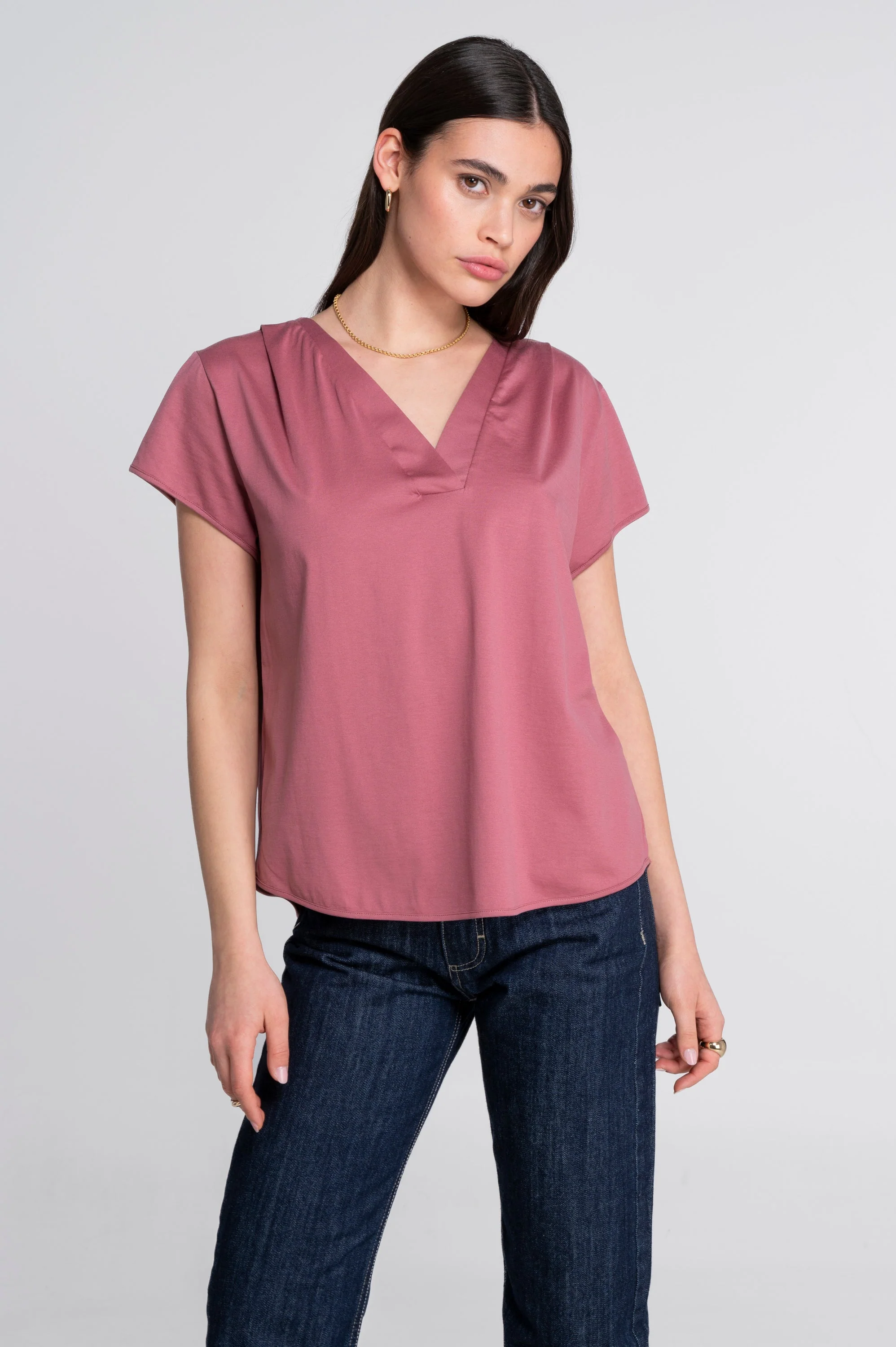 V neck flared T-shirt in jersey cotton 407
