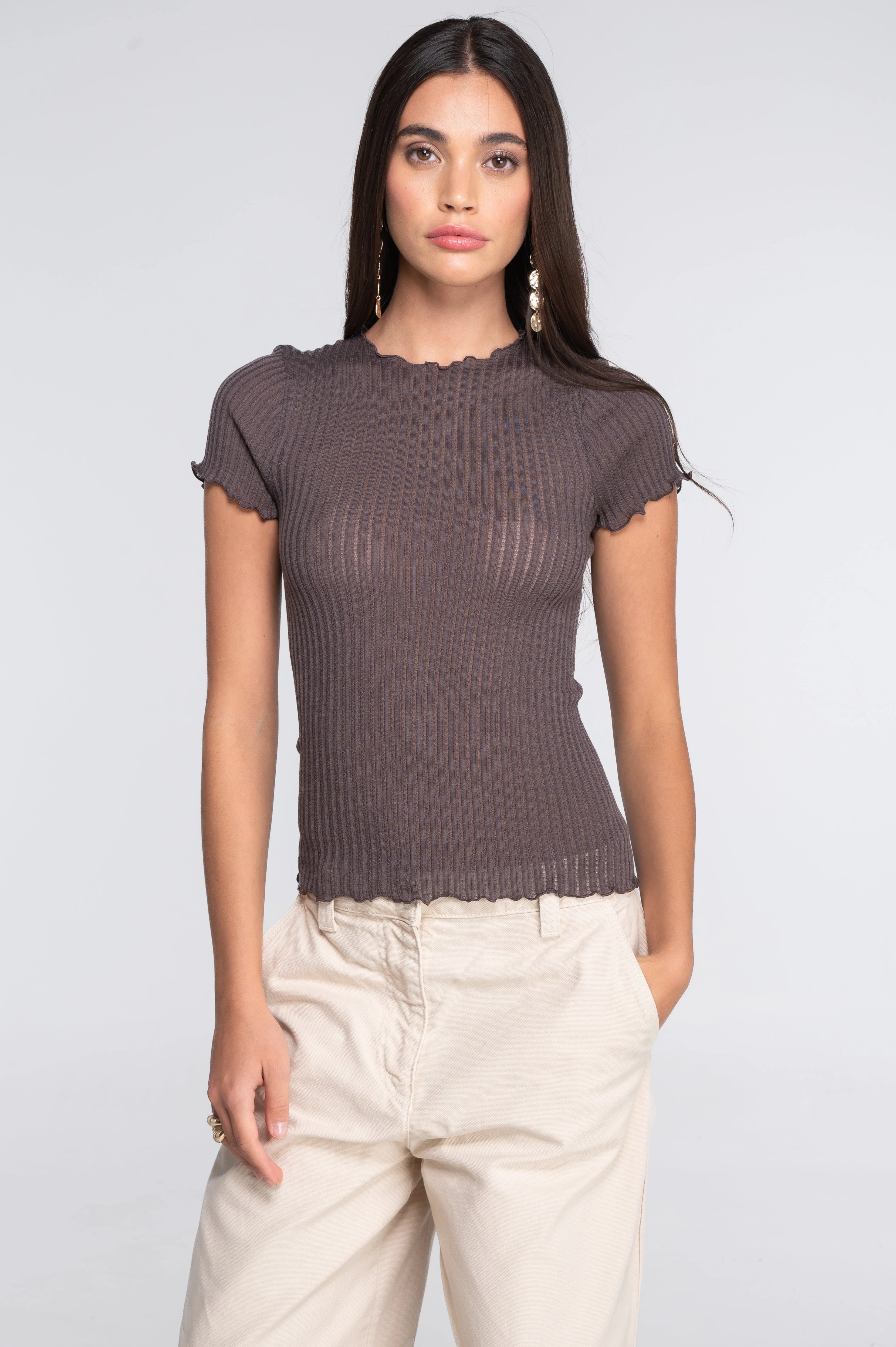 Short sleeves roundneck top in ajouré wool and silk 7493 - Image 13