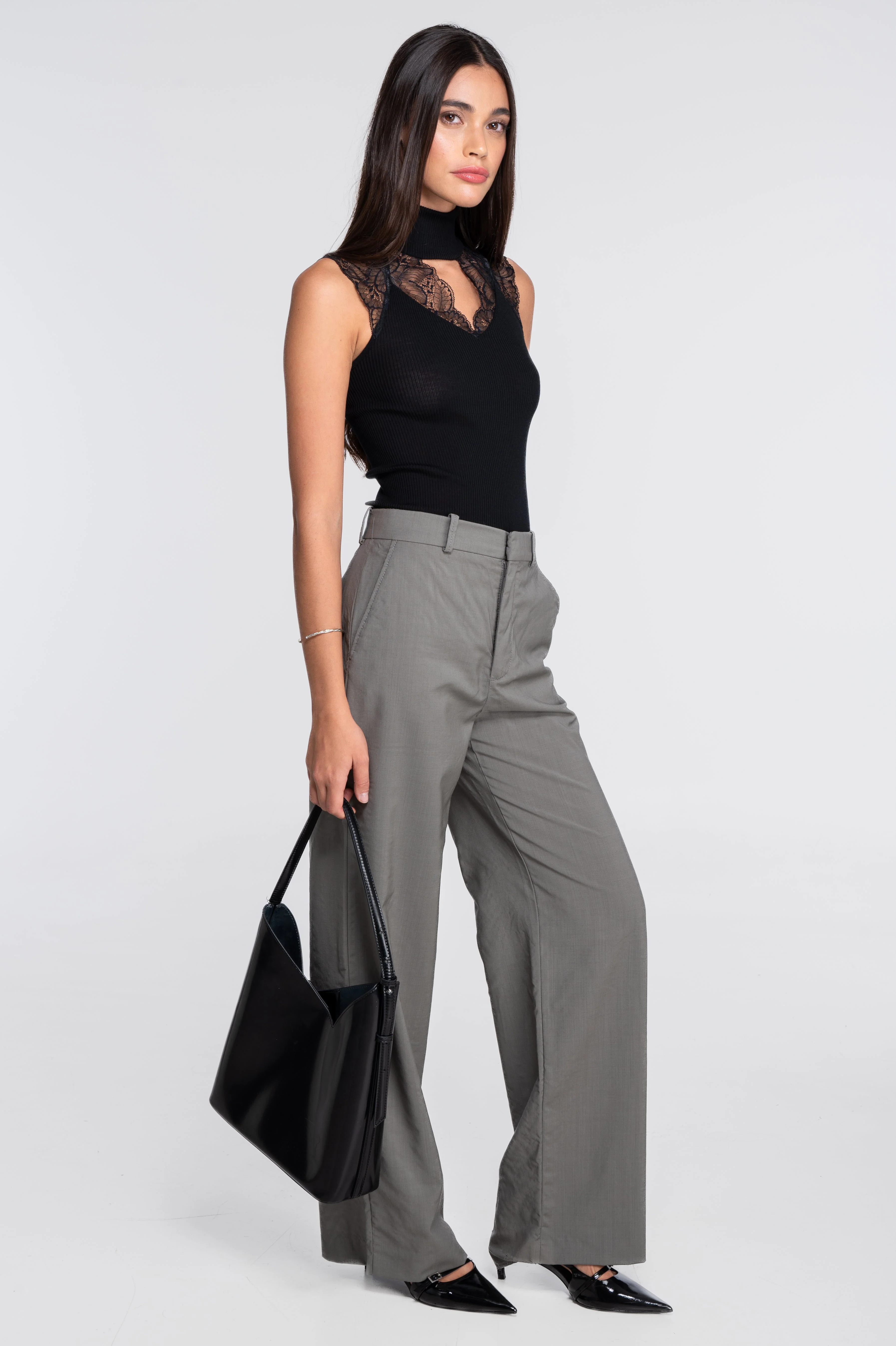 Wool and silk sleeveless mock neck top with Leavers lace 7611 - Image 6